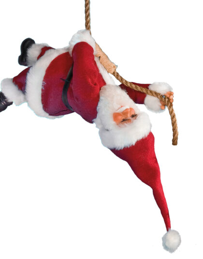 Tomte hängandes upp och ner i rep